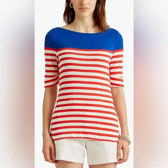 Ralph Lauren (size PL)Red White and Blue stripes Cotton Boatneck Knit Top - Picture 1 of 10